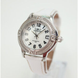 Invicta Womens Watch 33mm Silver Tone MOP Dial White Leather 100m w New Battery